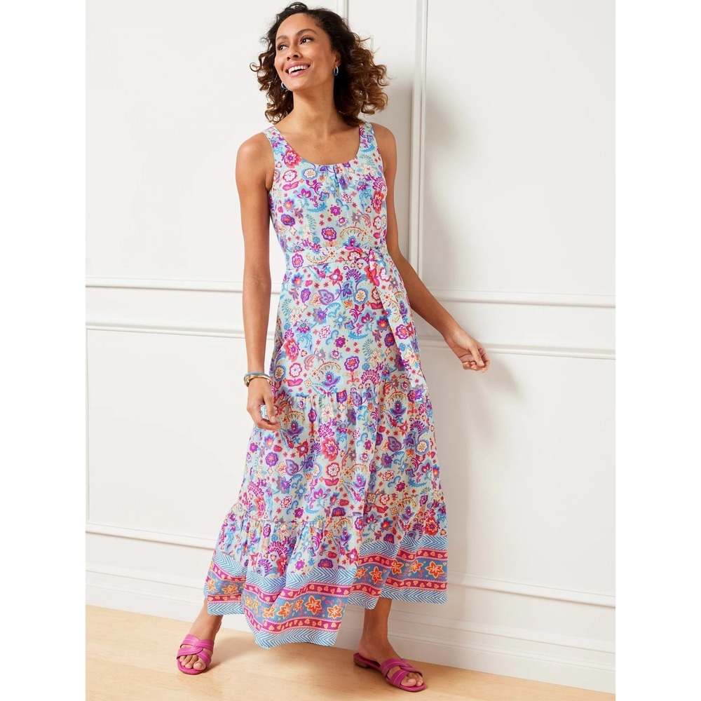 Talbots Charming Floral Belted Voile Maxi Dress 4P Blue Pink Boho Cottage Resort